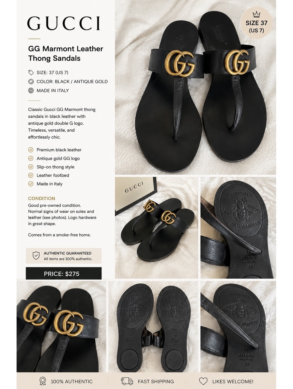 Gucci GG Marmont Leather Thong Sandals Size 37 (US 7) Black with Antique Gold